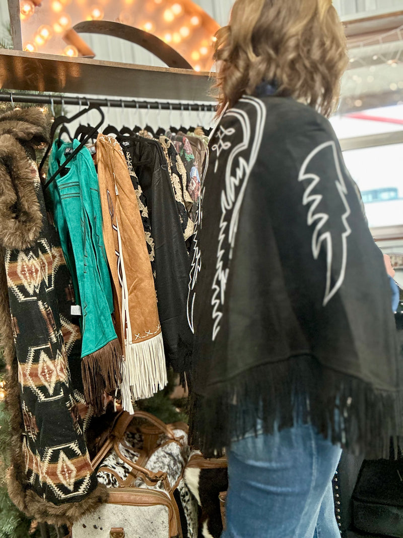 Black Suede Boot Stitch Embroidered Cape