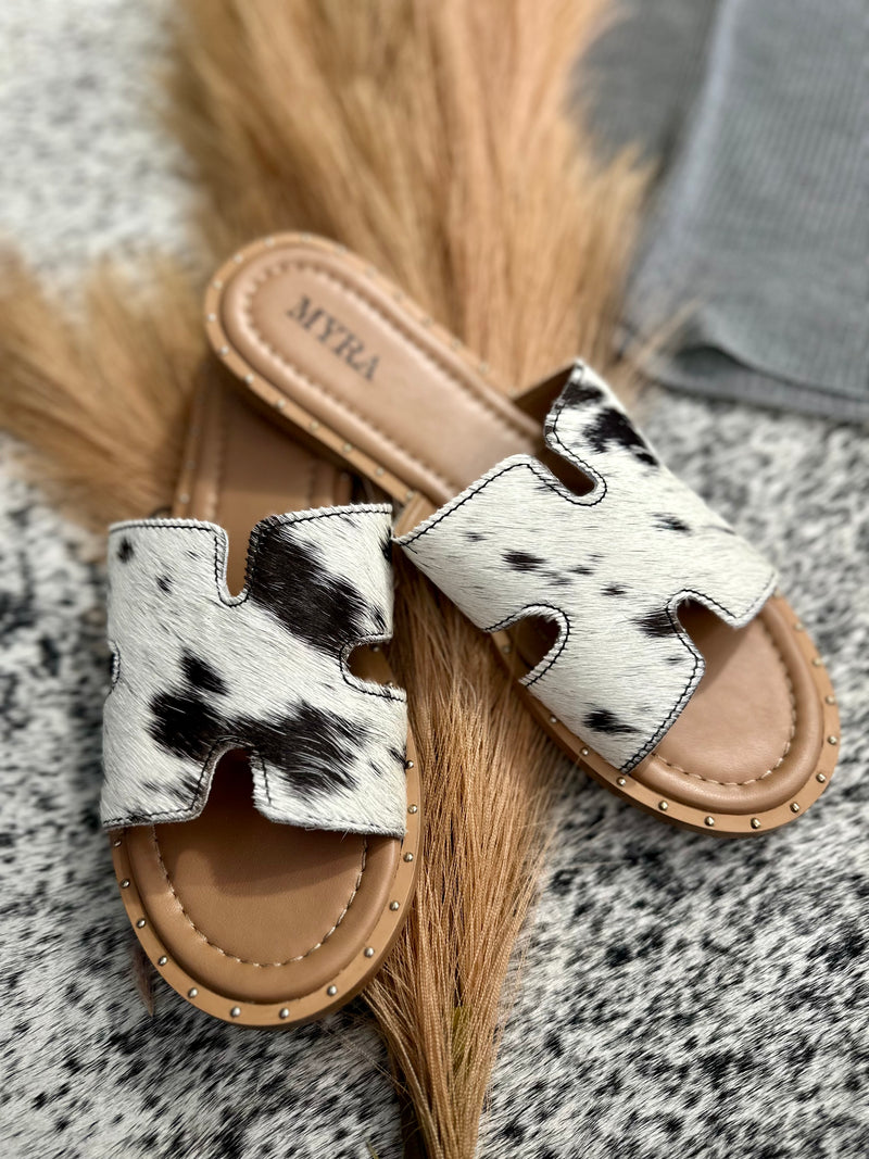 Daleena Black/White Cowhide Sandals