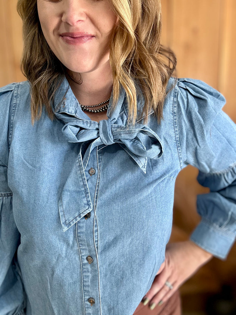 Denim Balloon Sleeve Bow Tie Top