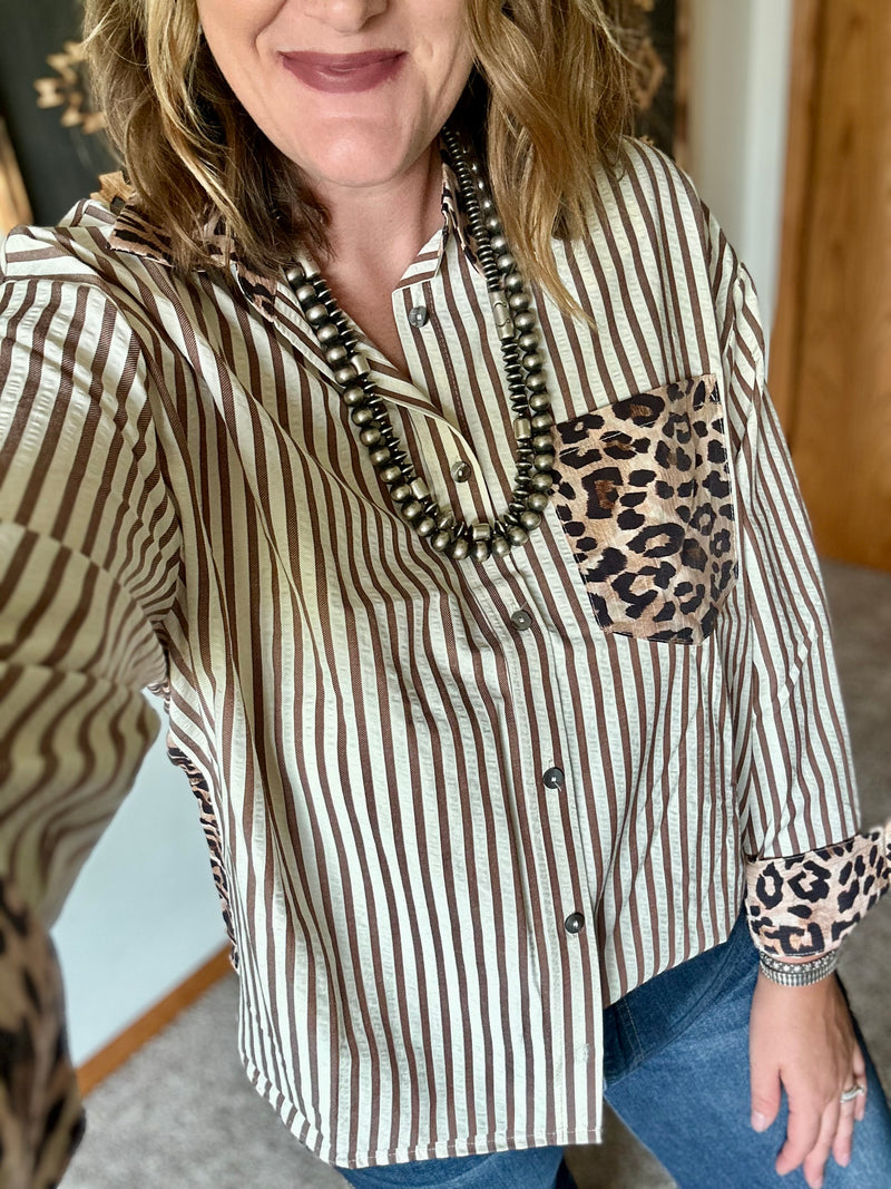 Brown Striped Leopard Detail Button Up