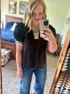 Leopard Trim Puff Sleeve Top - Black