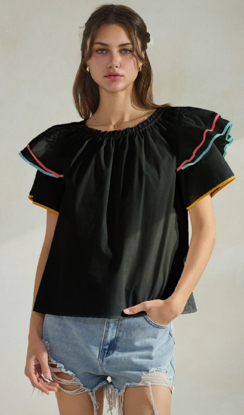 Black Multi Color Tier Sleeve Top