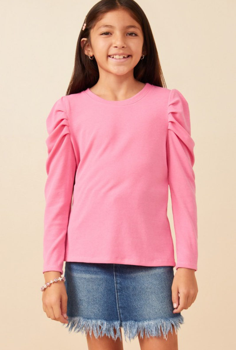 Girls Puff Shoudler Knit Top - Pink