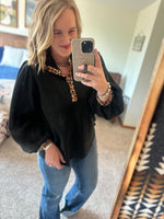 Leopard Trim Black Pullover Top