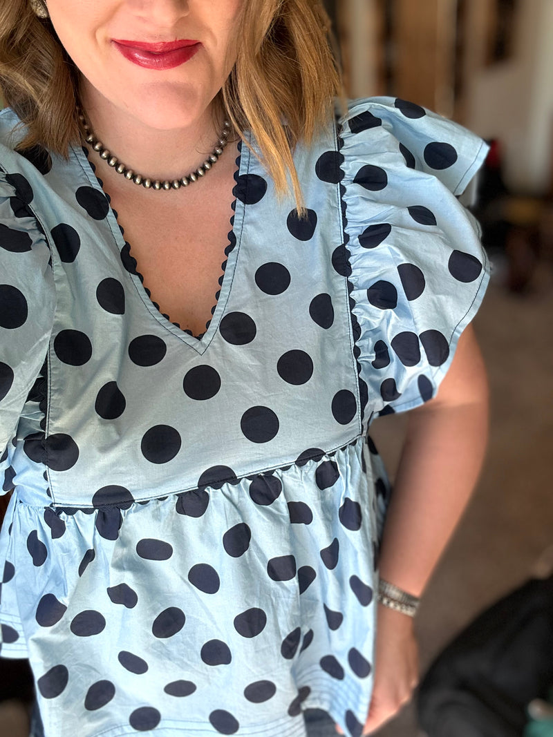 Blue Polka Dot Flutter Sleeve Top