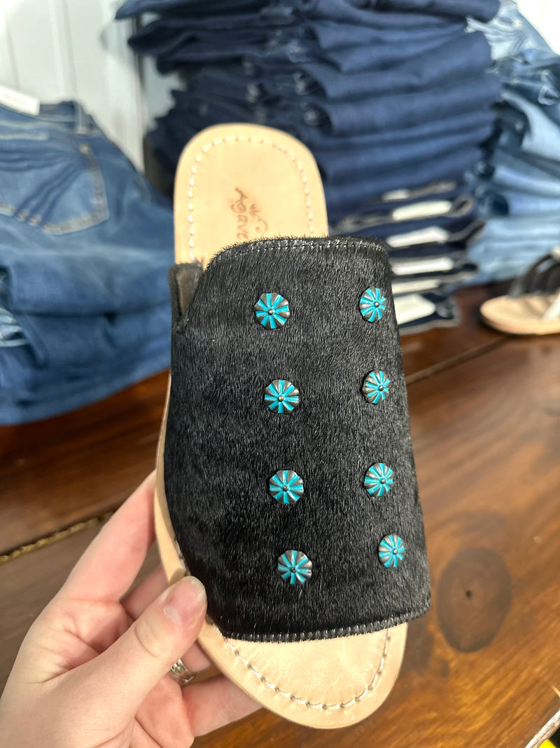 Black Hide Sandals with Turquoise Stones