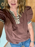 Leopard Trim Puff Sleeve Top - Brown