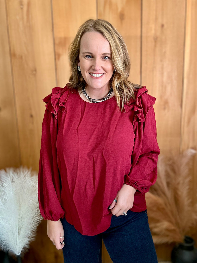 Wine Ruffle Shoulder Top