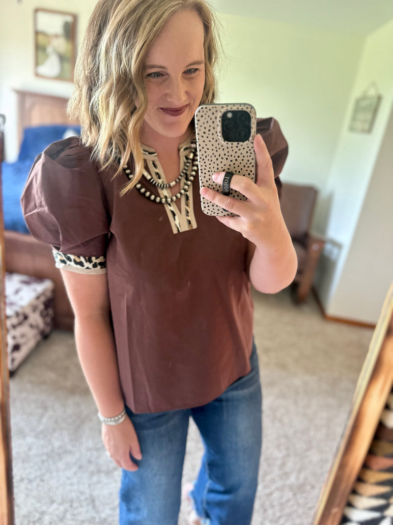 Leopard Trim Puff Sleeve Top - Brown