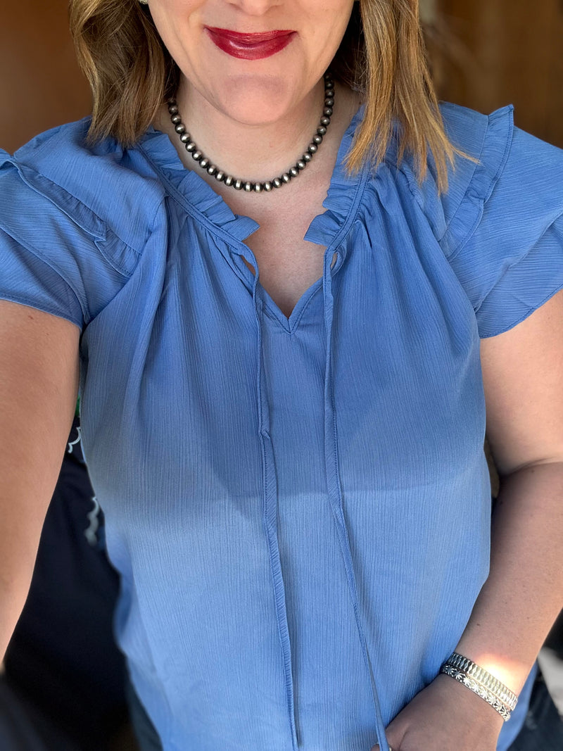 Azure Ruffle Sleeve Top