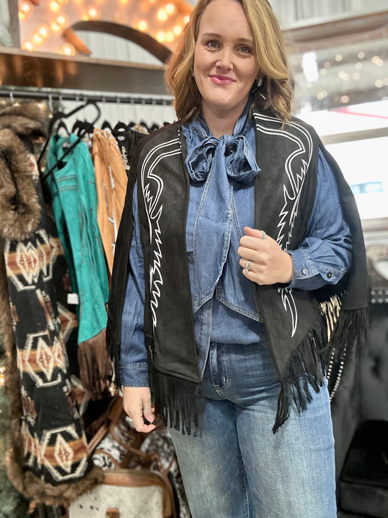 Black Suede Boot Stitch Embroidered Cape