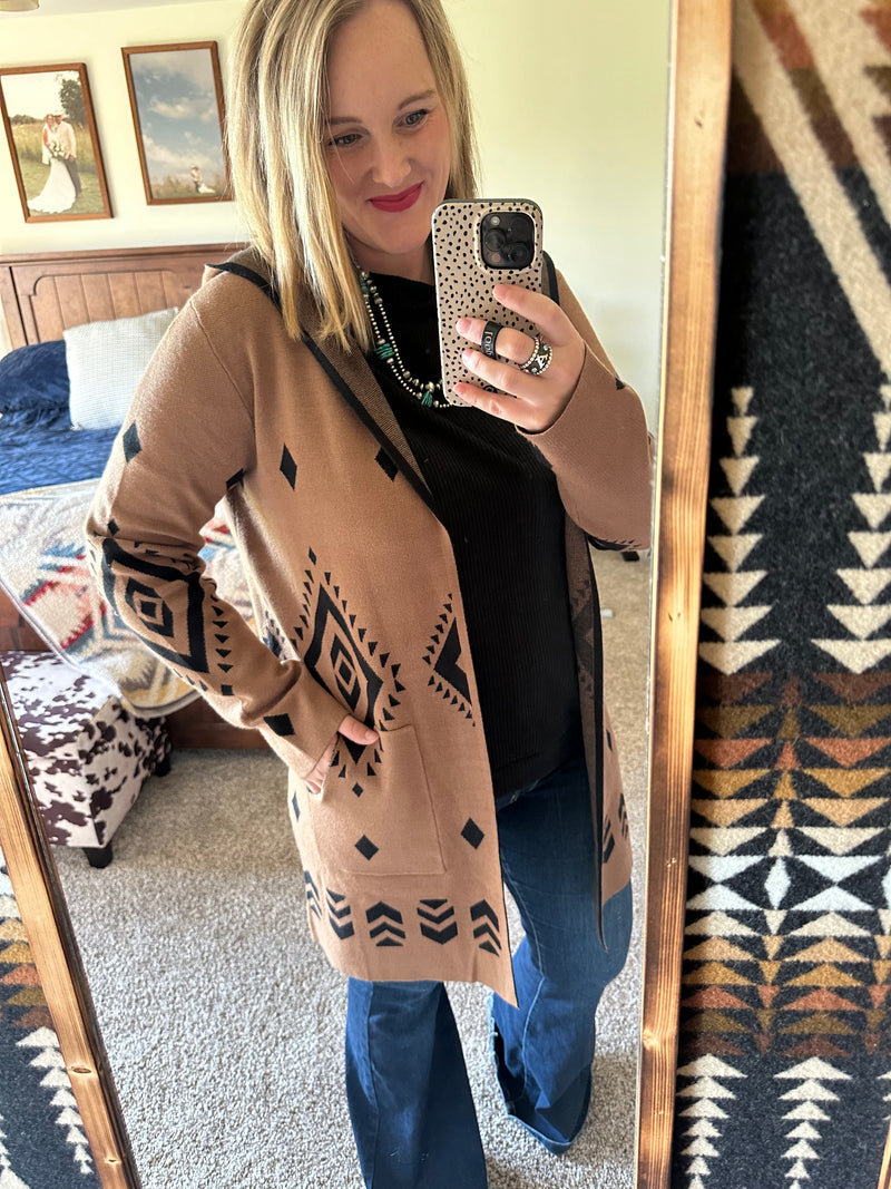 Tan / Black Aztec Hooded Cardigan