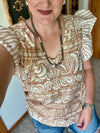 Tan Paisley Striped Sleeve Top