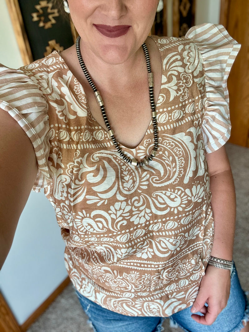 Tan Paisley Striped Sleeve Top