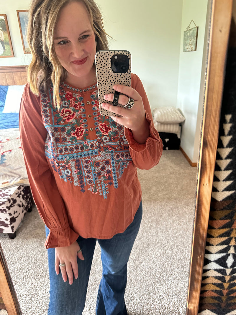 Rust Floral Embroidered Top