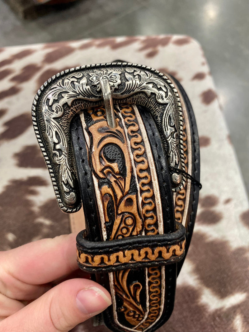 Brown/Black Tooled Leather Belt