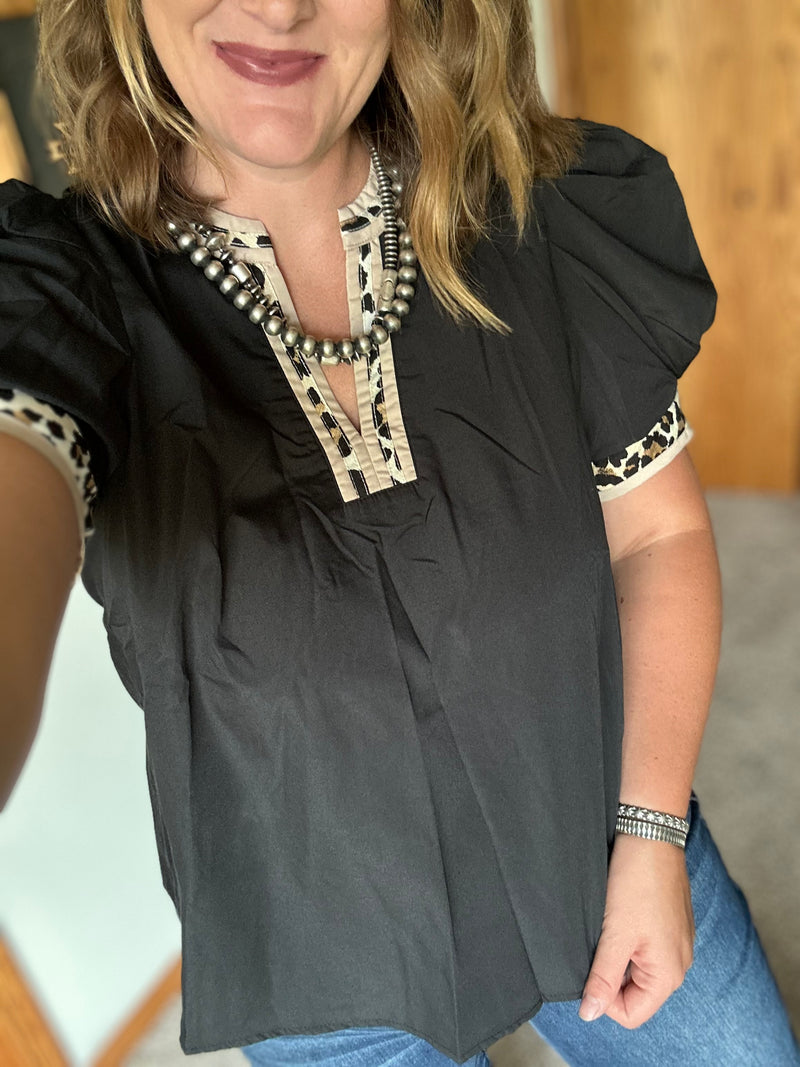 Leopard Trim Puff Sleeve Top - Black