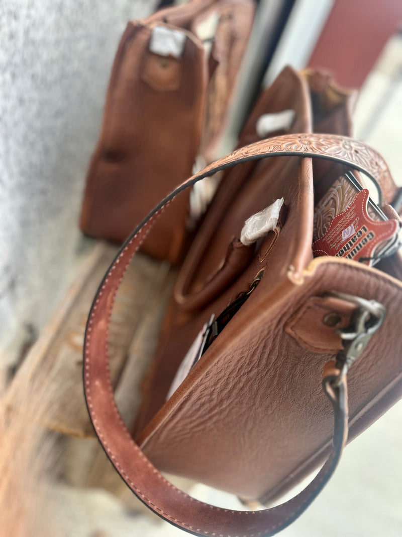 Brown Cowhide / Tooled Leather Tote