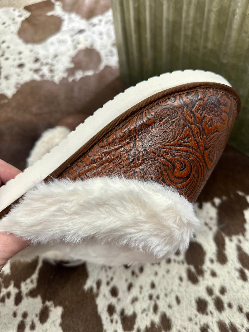 Brown Embossed Leather Slippers