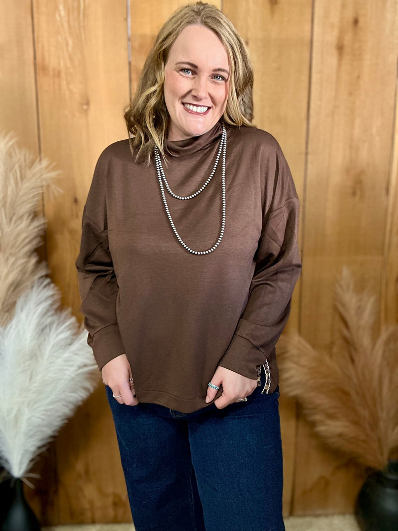 Brown Mock Neck Top with Leopard Slits