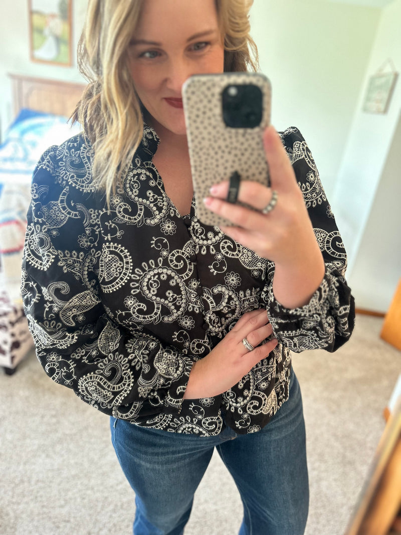 Paisley Eyelet Laced Button Down Blouse - Black