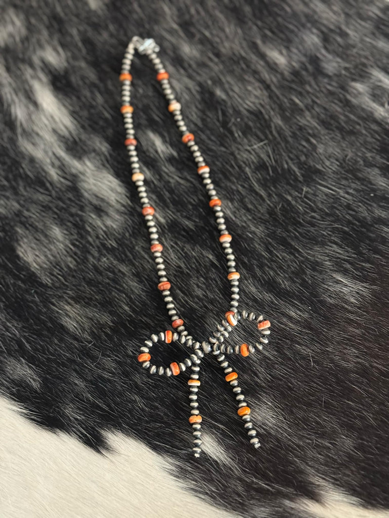 18” Pearl / Orange Spiny Bow Necklace 4mm