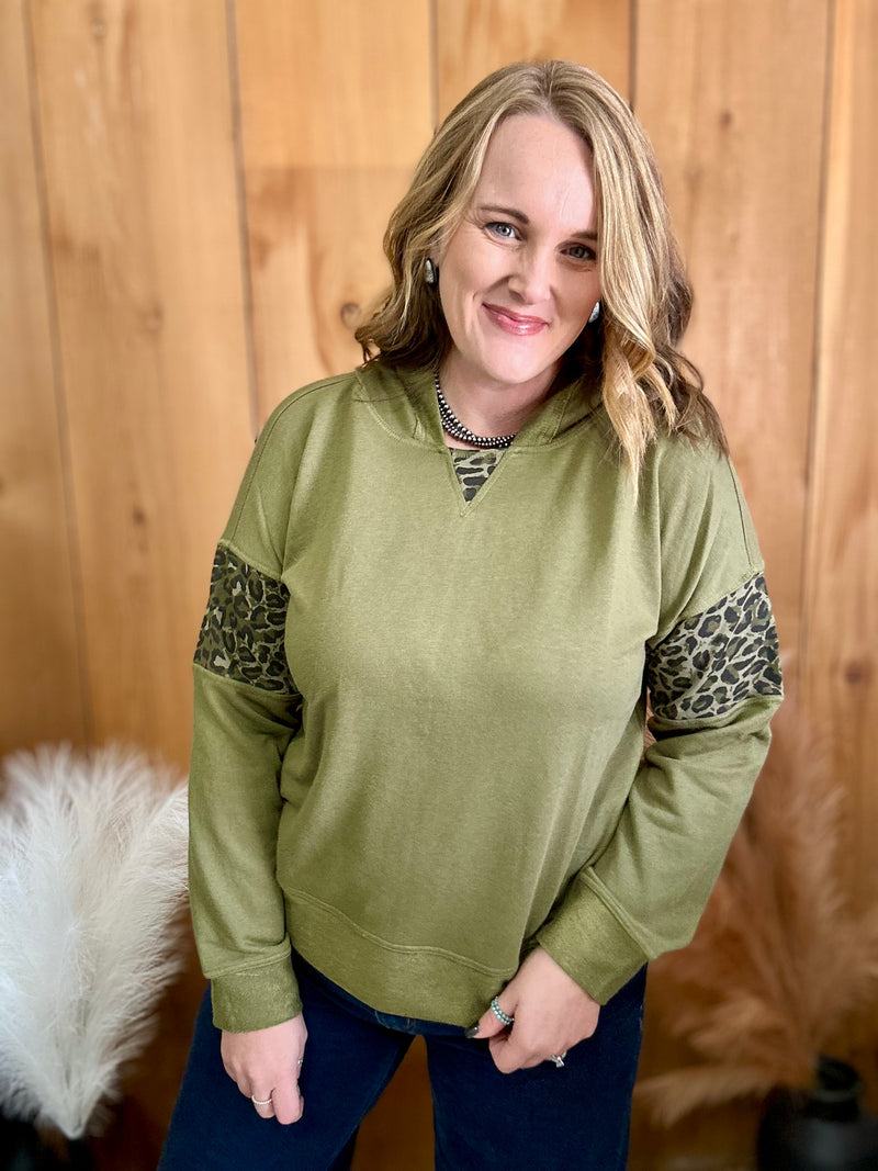 Olive Leopard Block Hooded Sweatshirt