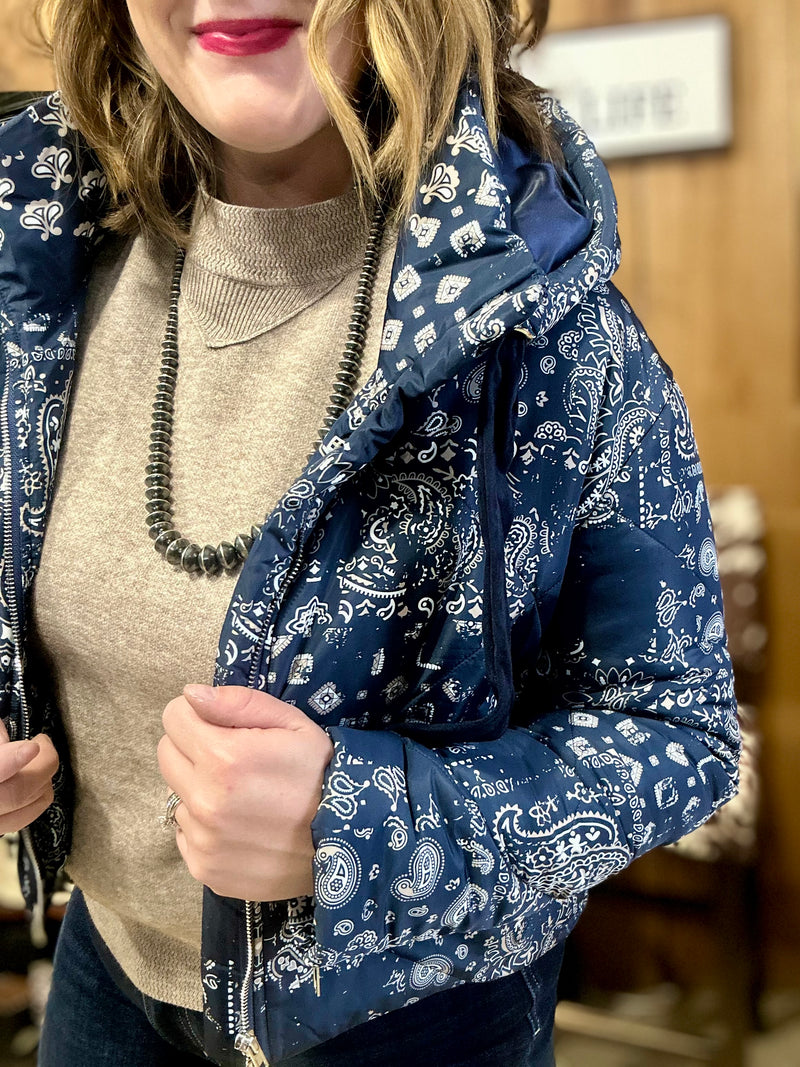 Navy Paisley Puffer Jacket