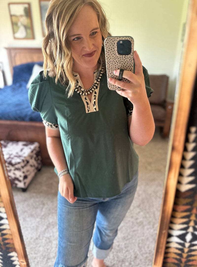 Leopard Trim Puff Sleeve Top - Dark Green