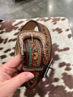 Brown Tooled Leather Turquouse Accent  Belt