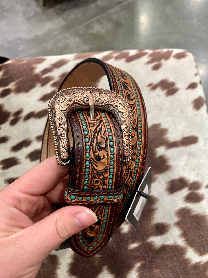 Brown Tooled Leather Turquouse Accent  Belt