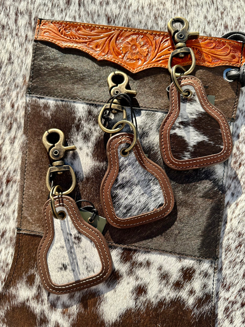 Cowhide / Stitched Leather Eartag Keychains