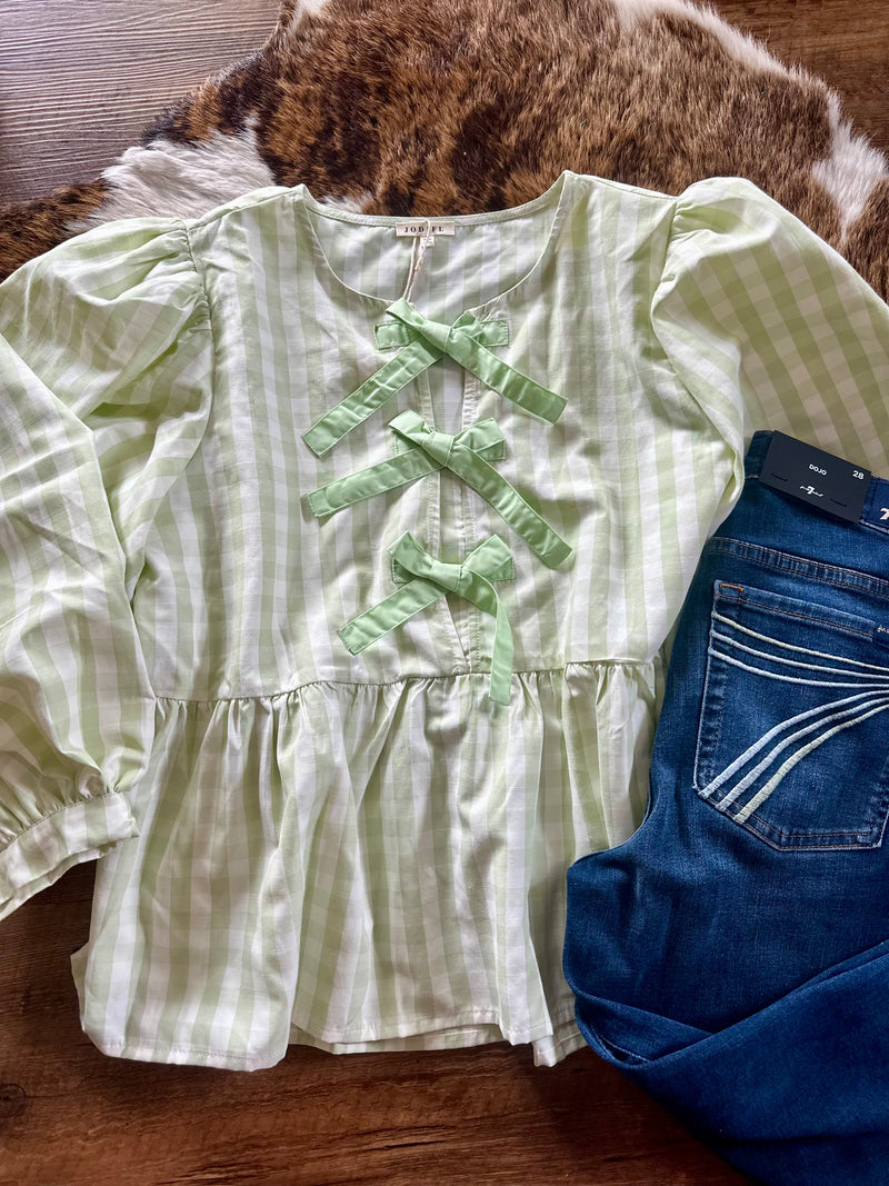 Light Green Gingham Checker Bow Top
