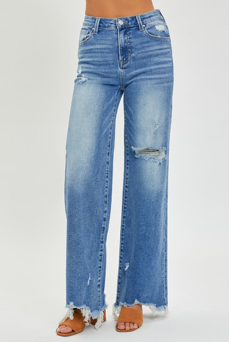 Risen High Rise Wide Frayed Hem Jeans