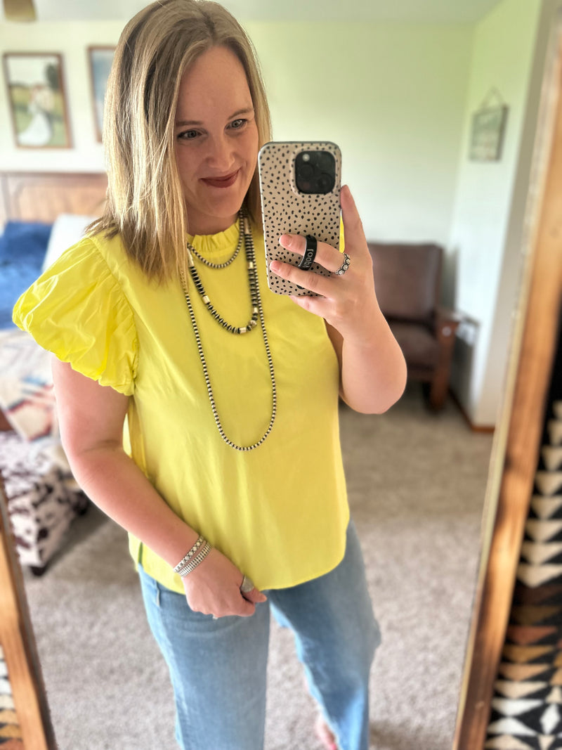 Lemon Pleat Sleeve Mock Neck Top