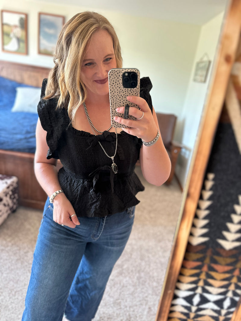 Black Textured Smocked Bow Top