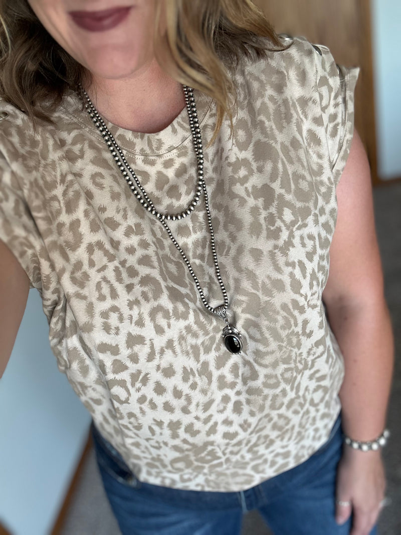 Taupe Leopard Stud Shoulder Top