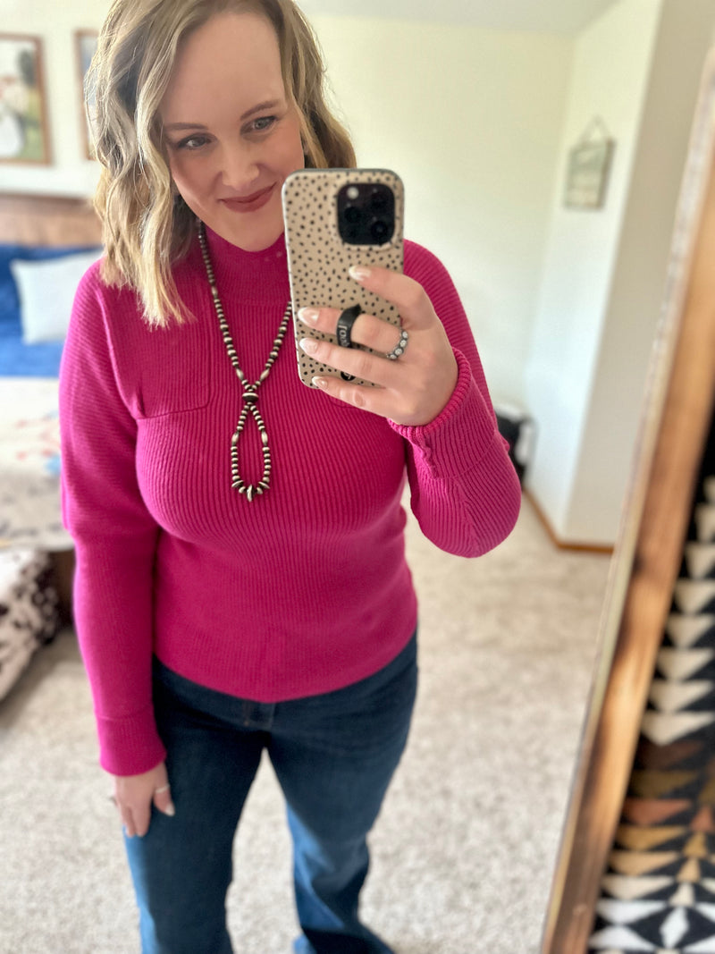 Raspberry Ribbed Mock Neck Sweater