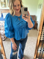 Blue Triple Bow Puffy Sleeve Top