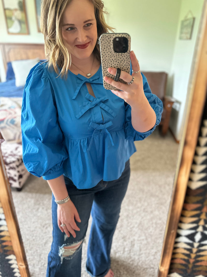 Blue Triple Bow Puffy Sleeve Top