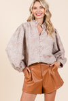 Paisley Eyelet Laced Button Down Blouse - Taupe