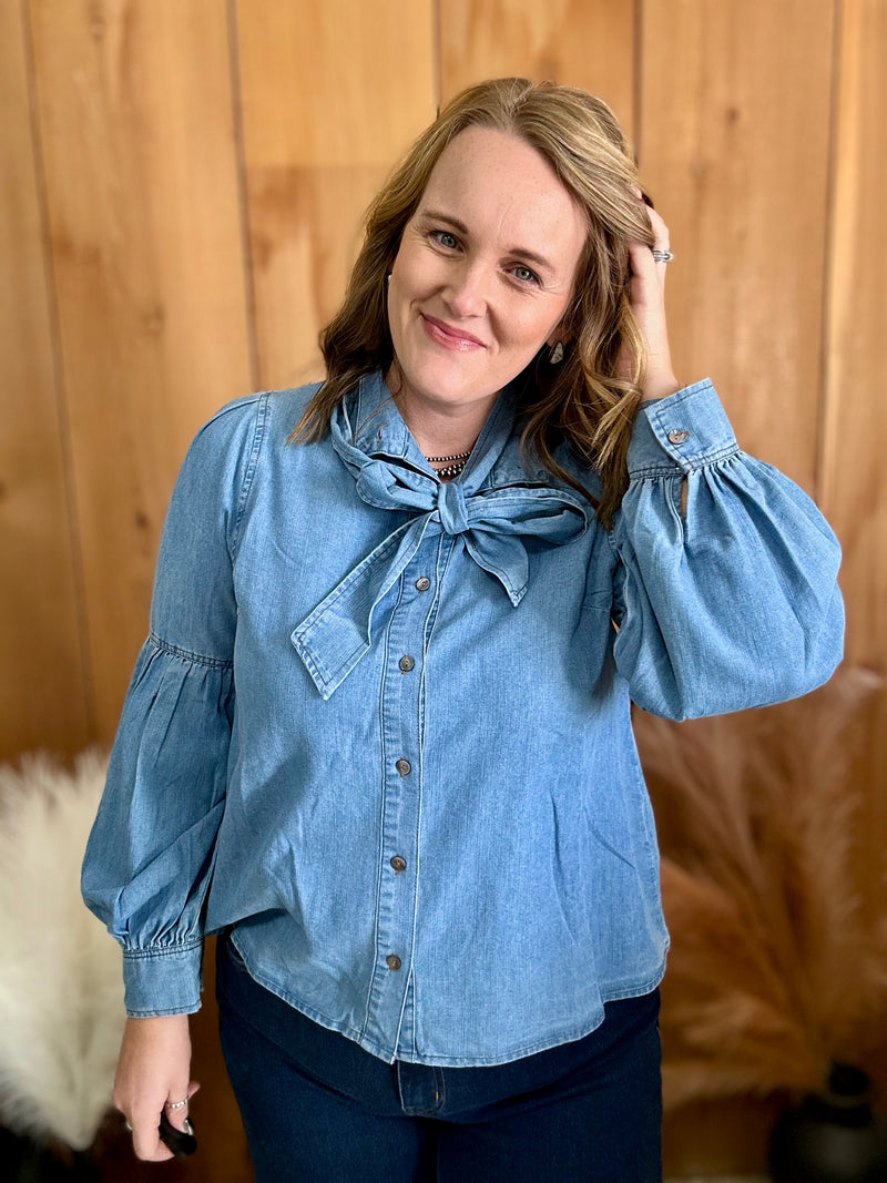 Denim Balloon Sleeve Bow Tie Top