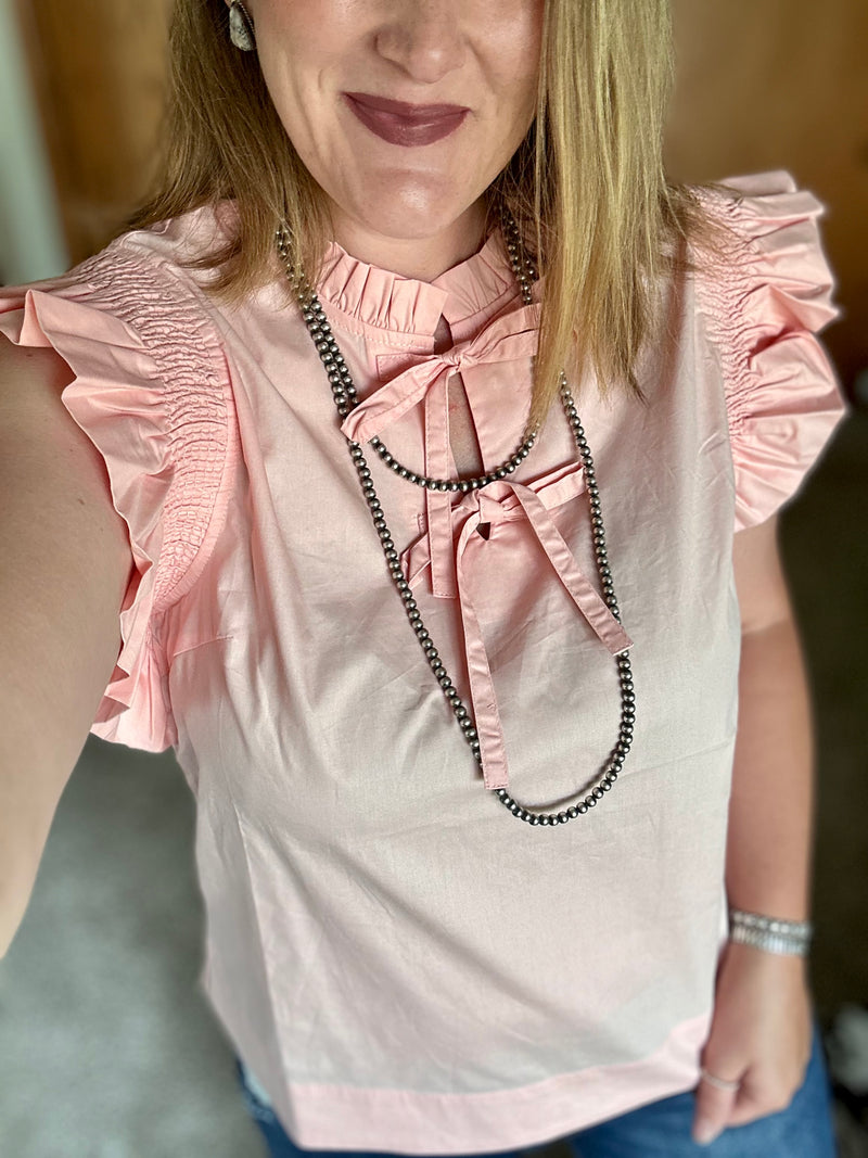 Peach Poplin Bow Tie Top