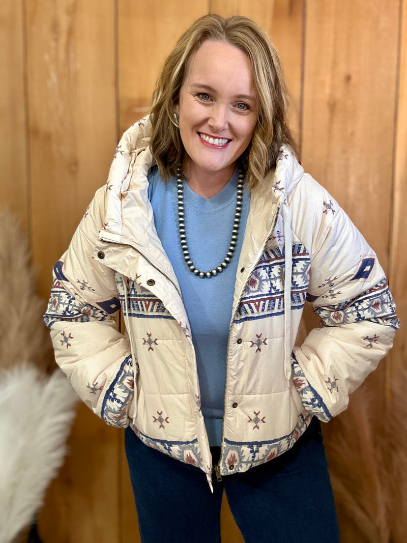 Aztec Puffer Hooded Jacket - Cream