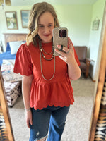 Rust Scalloped Peplum Top