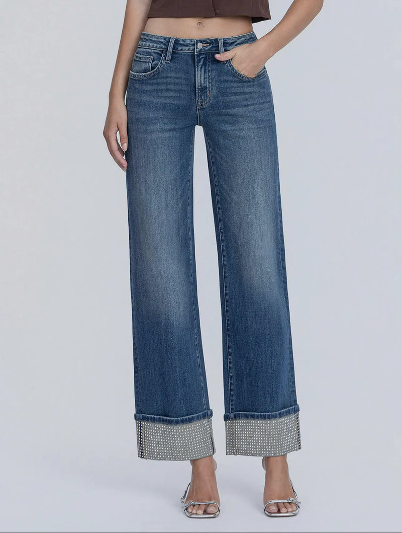 Rhinestone Cuffed Mid Rise Wide Jeans