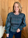 Green/Navy Plaid Peplum Top