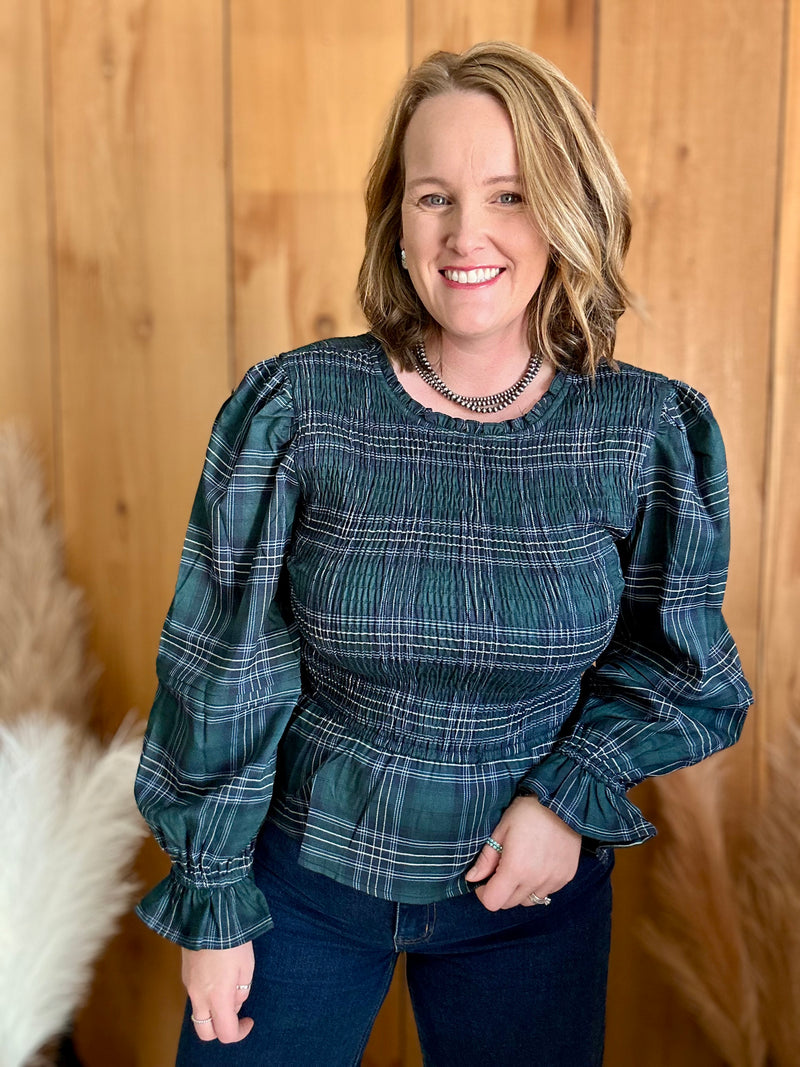 Green/Navy Plaid Peplum Top