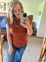 Brown Pleather Ruffle Shoulder Top