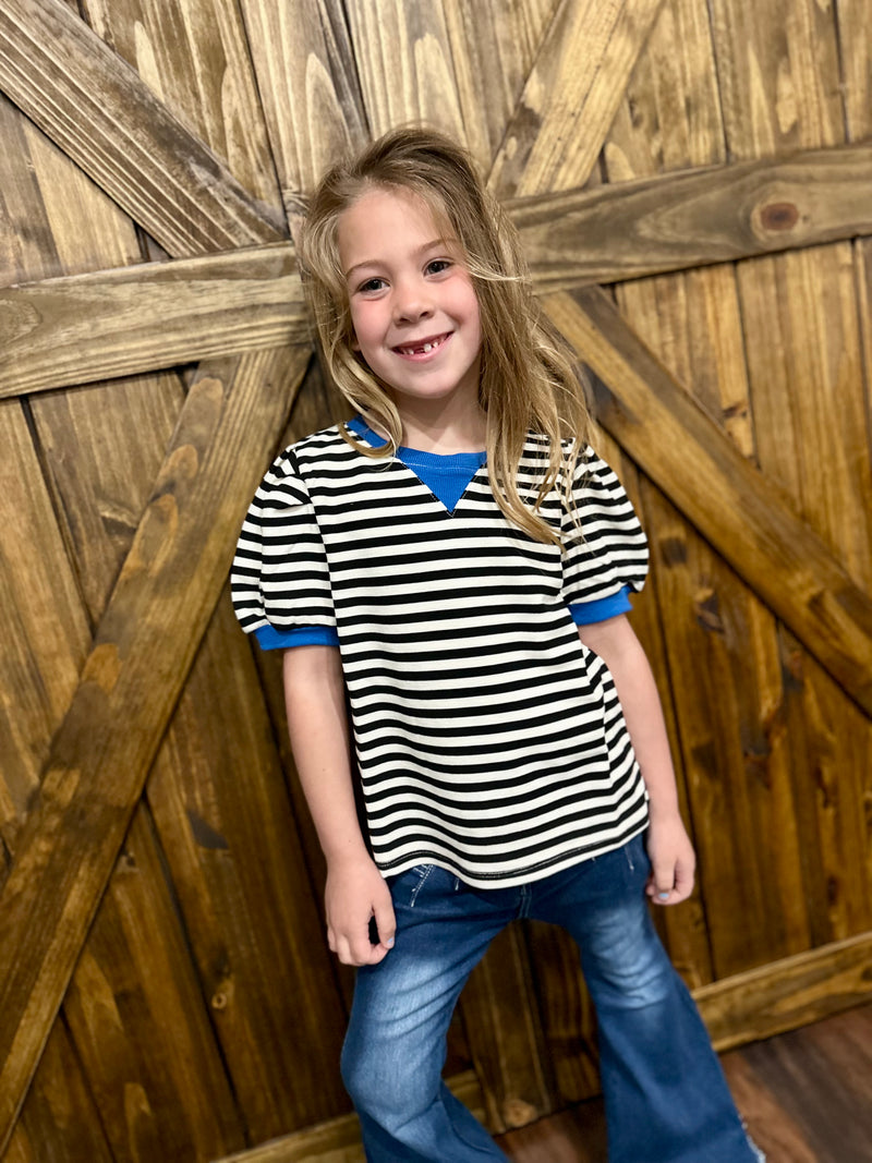 Girls Black/White Striped Puff Sleeve Top